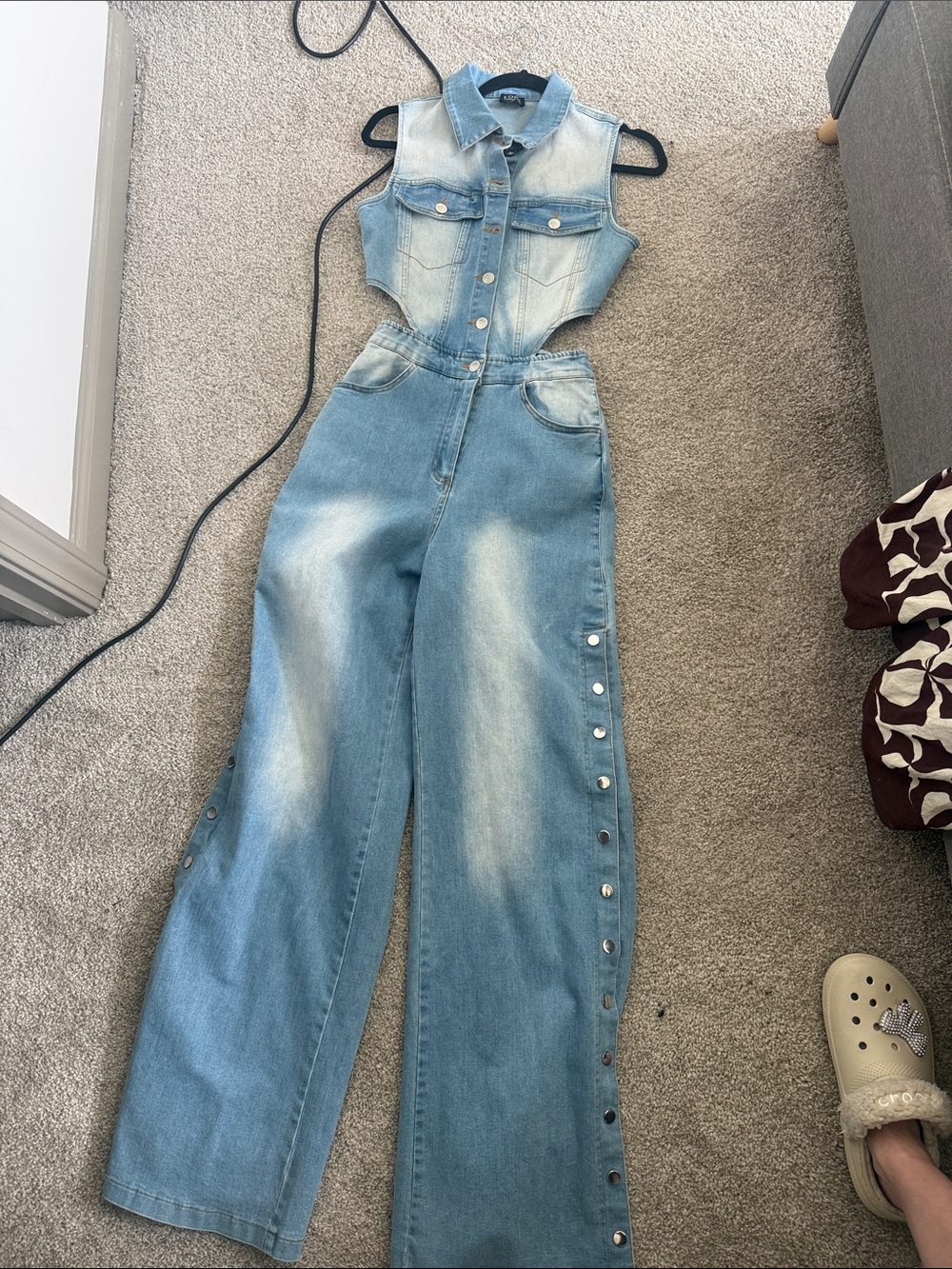 Fashion Nova Light Blue Denim Cutout Wide Leg Jumpsuit Jeans